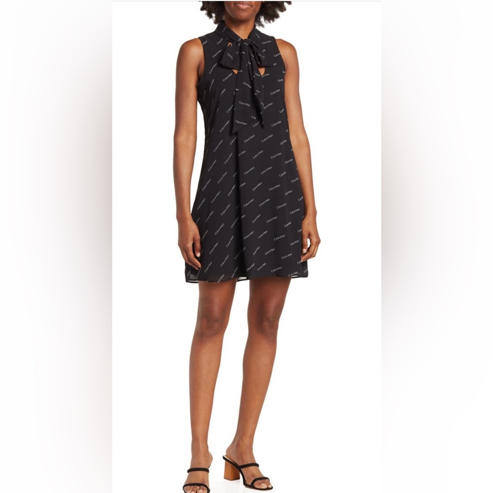 Calvin Klein Logo chiffon tie trapeze dress NWT 14